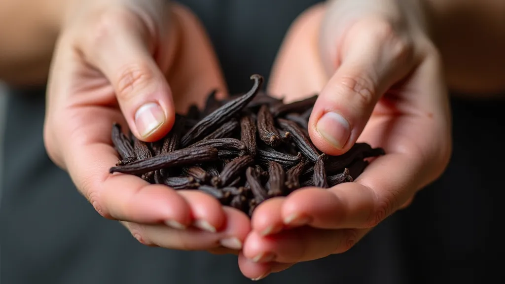 Close-up of a cured vanilla bean with seeds visible