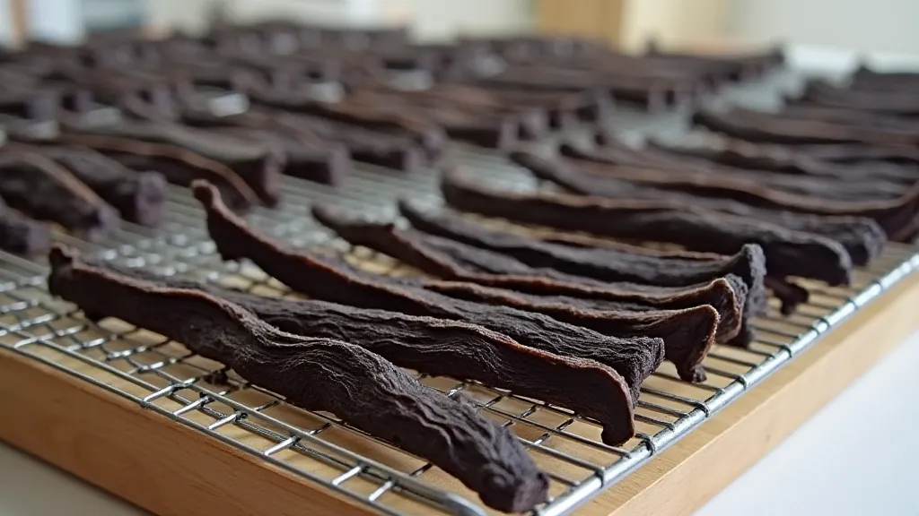 Vanilla beans drying on a rack