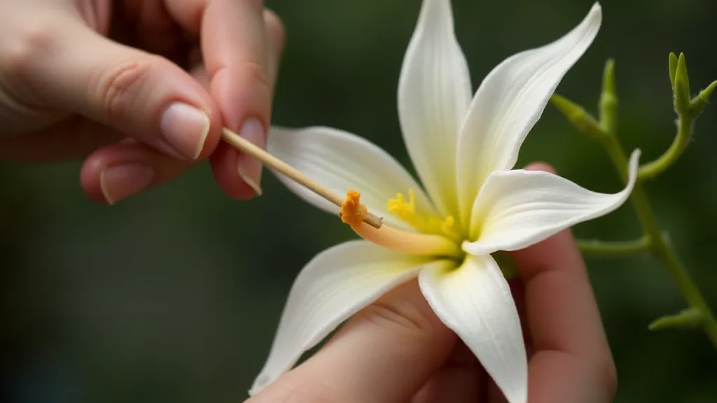 Hand pollinating a vanilla orchid flower