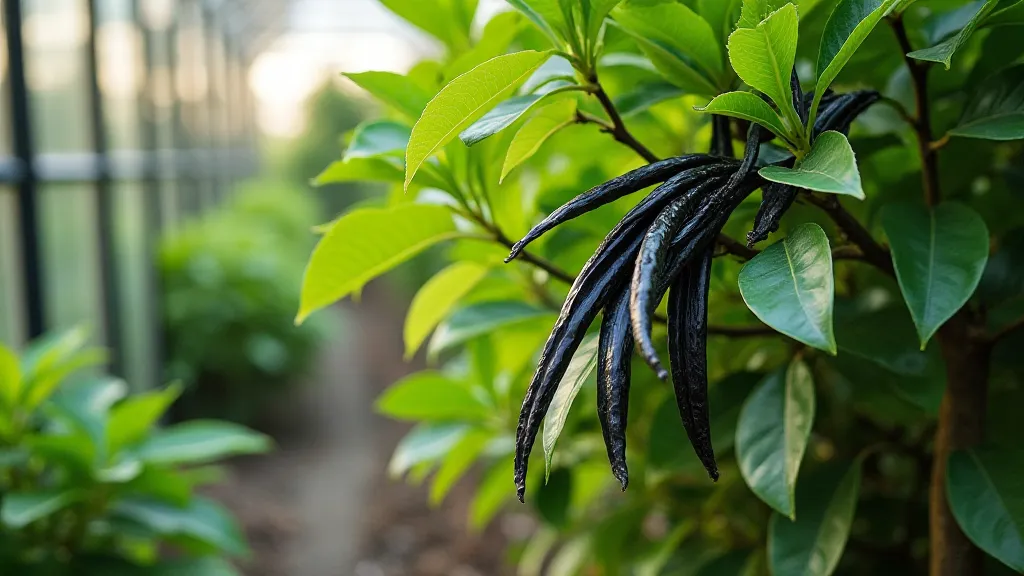 Vanilla vine with pods in a greenhouse