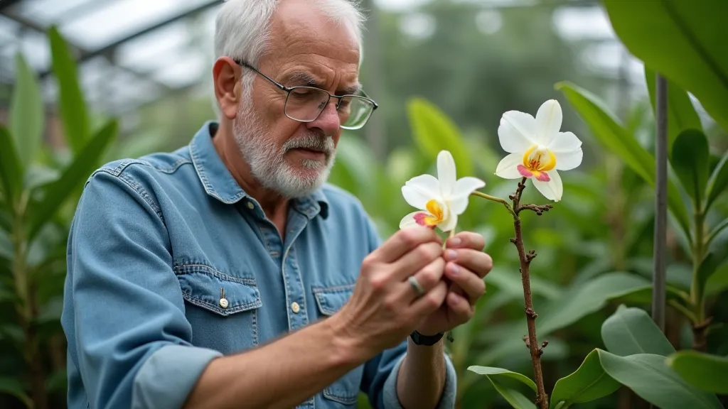 Charles Morren hand-pollinating a vanilla orchid
