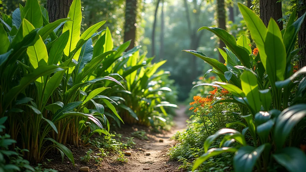A thriving tropical garden with vanilla bean vines and companion plants.