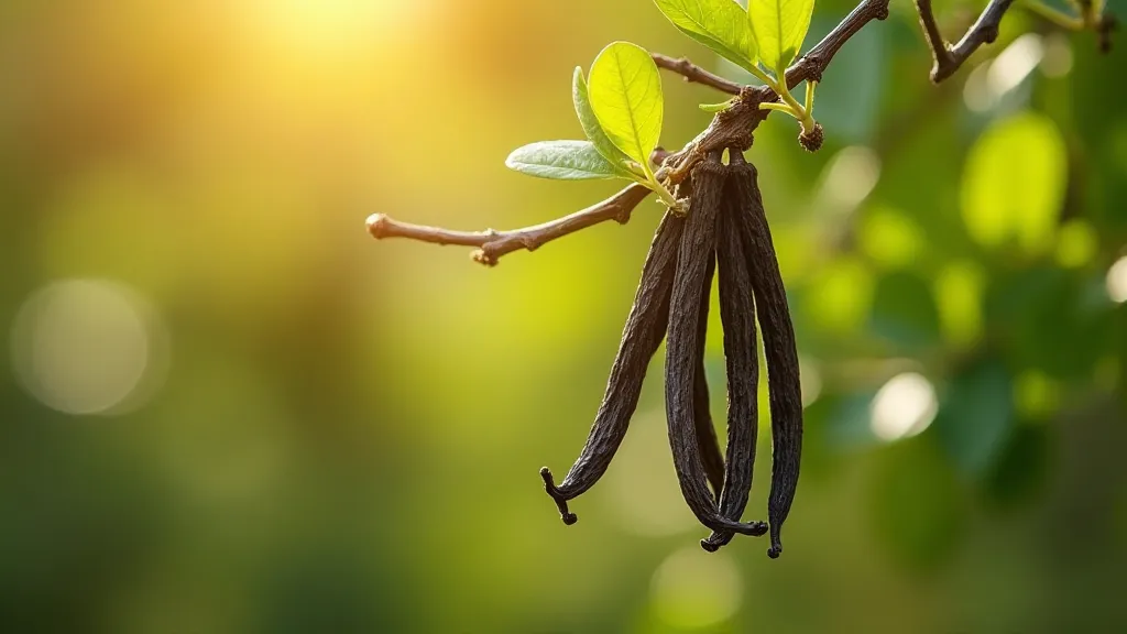 Vanilla bean pods hanging from a vine