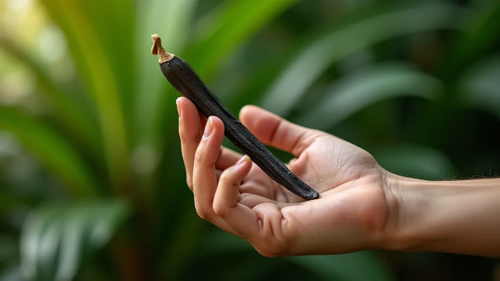 A hand holding a vanilla bean pod carefully