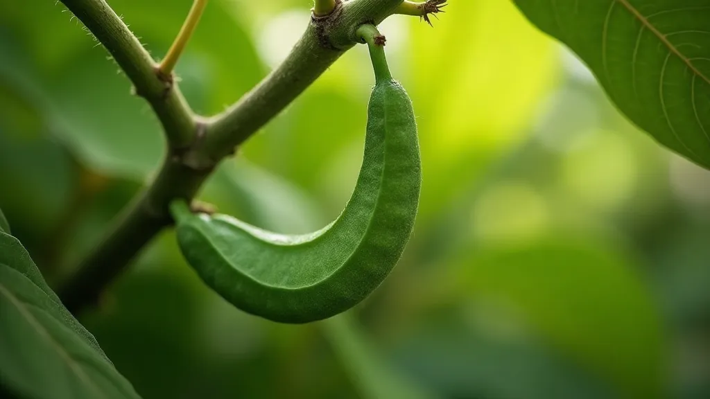 A close-up of a developing vanilla bean pod on a vanilla orchid plant.