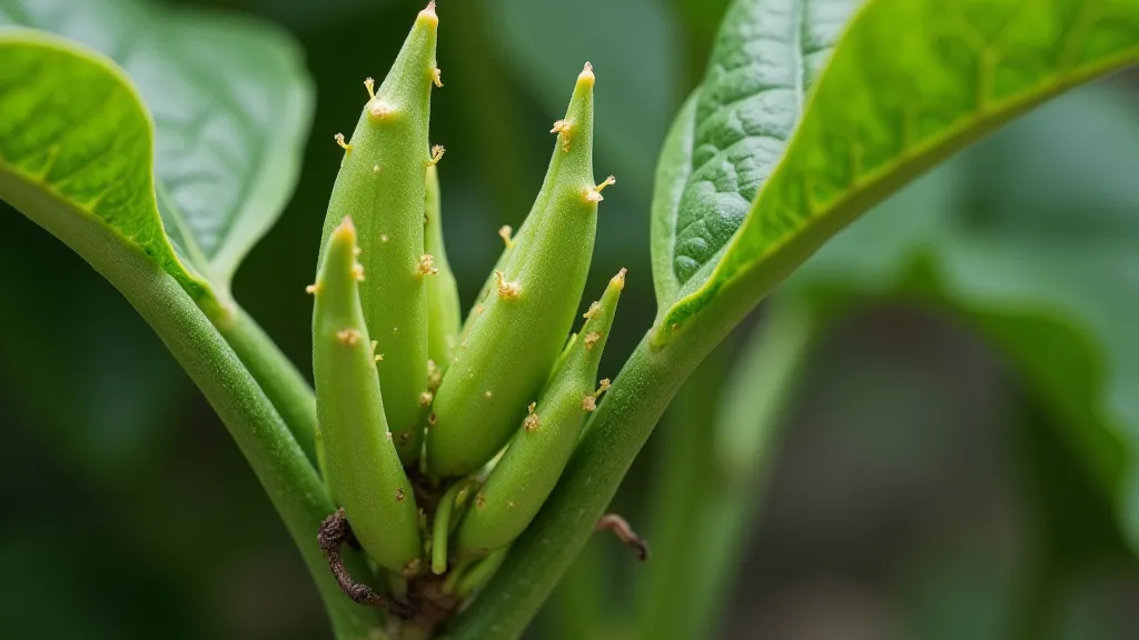 Healthy vanilla bean plant with bean pods