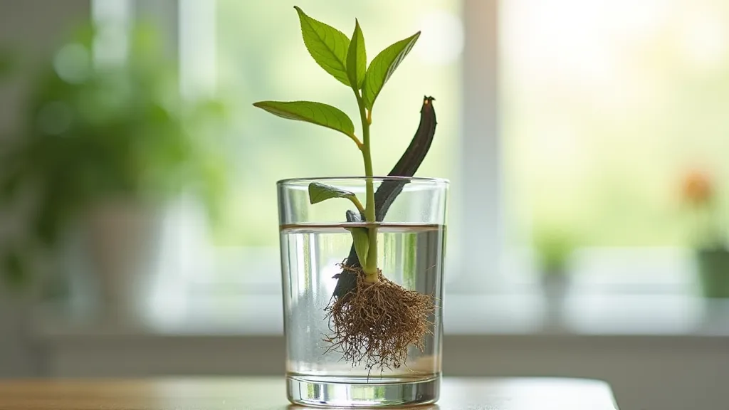 Vanilla bean cutting rooted in water with visible roots