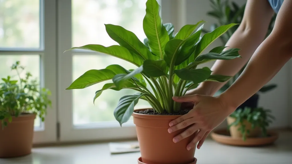 Person moving vanilla plant in a pot indoors