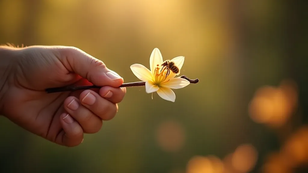 A hand carefully pollinating a vanilla flower using a thin skewer.