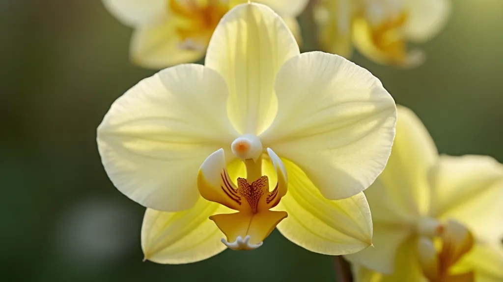 Close-up of a vanilla orchid flower with a toothpick being used to transfer pollen into the spur