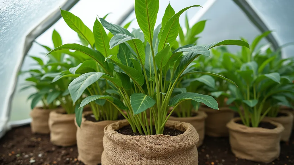 Vanilla plant wrapped in burlap and under a plastic frame