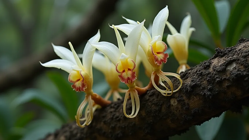 Vanilla orchid roots growing on a tree branch