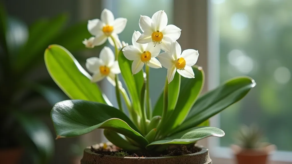 Vanilla orchid plant with healthy, glossy green leaves inside a terrarium