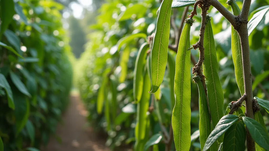 Vanilla bean vine on trellis being pruned.